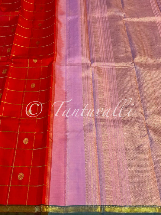Tomato Red Checks and Green Small Border with Lotus Pink Pallu