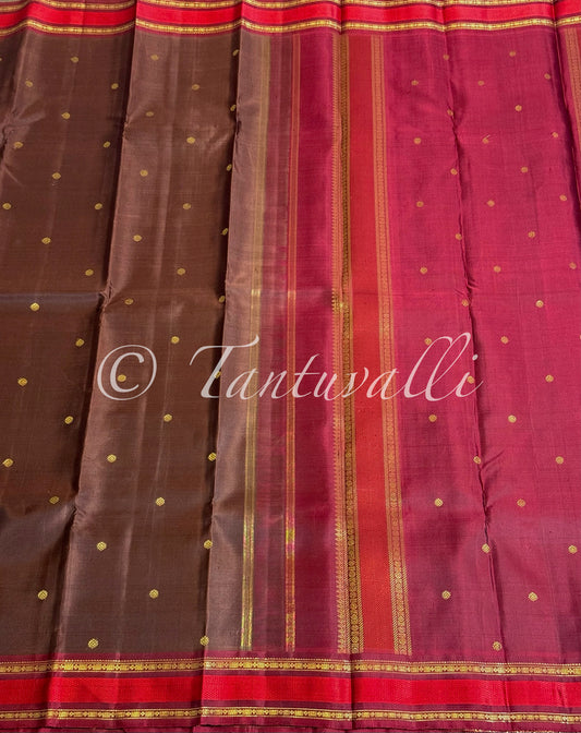Chocolate Brown Pure Zari with Arakku Meenakari Contrast Small Border and Arakku Pallu