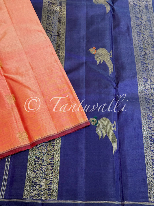 Peach Orange Butta Pure Zari Borderless with Deep Violet Blue Pallu