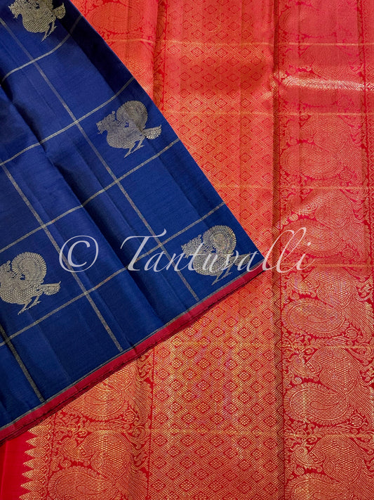 Navy Blue Annam Checks Pure Zari Borderless with Dark Red Pallu