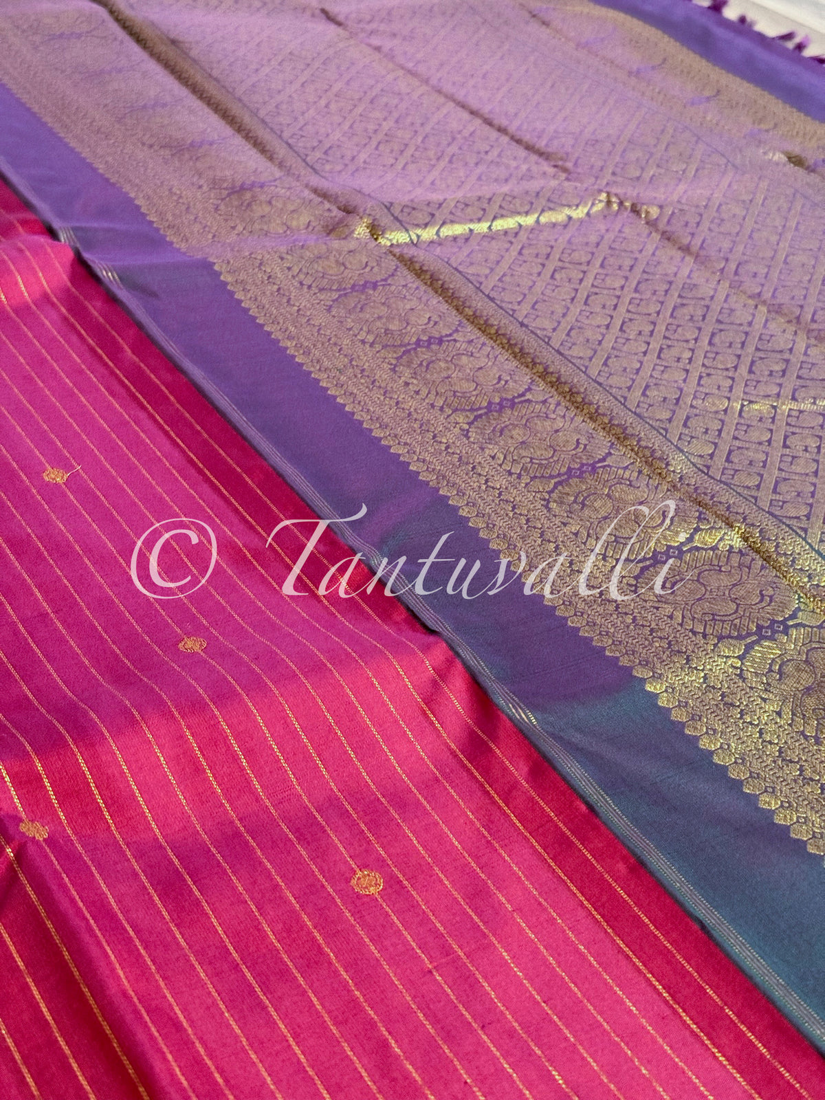 Dual tone Maroon with Vertical Zari Stripes and Dual Tone Violet Korvai Small Border