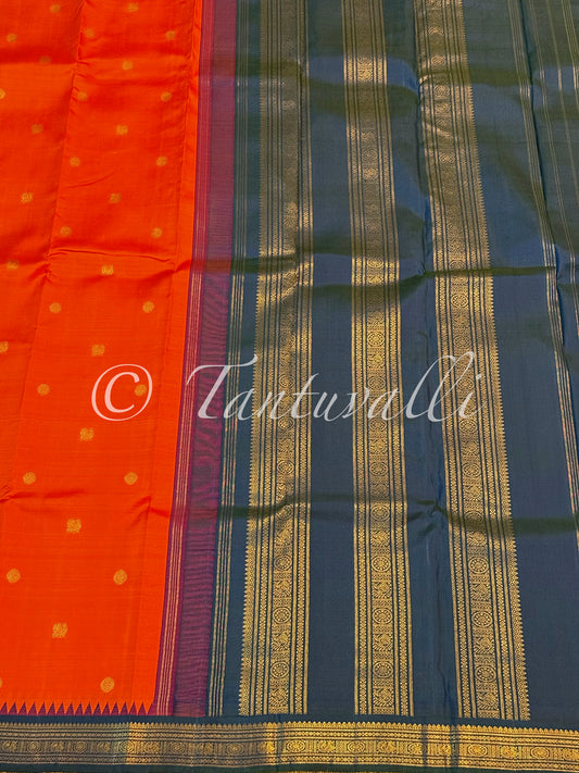 Dark Kanakambaram Orange Pure Zari with Mayil Kazhuthu Small Border Temple Peaks Kai Korvai