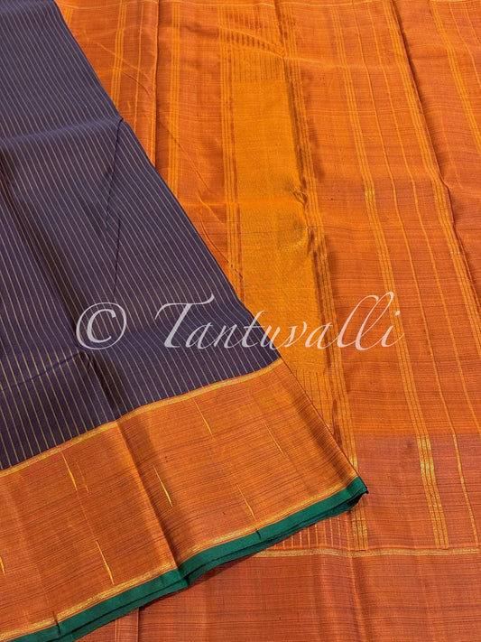 Dark Paaku Zari Stripes With Dark Oil Mustard Contrast Border