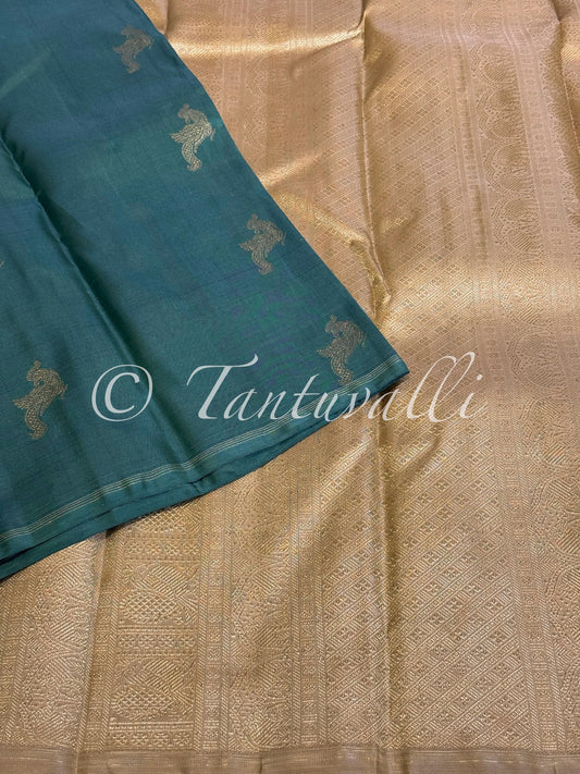 Deep Teal Green Kili Butta Pure Zari Borderless with Biscuit Pallu