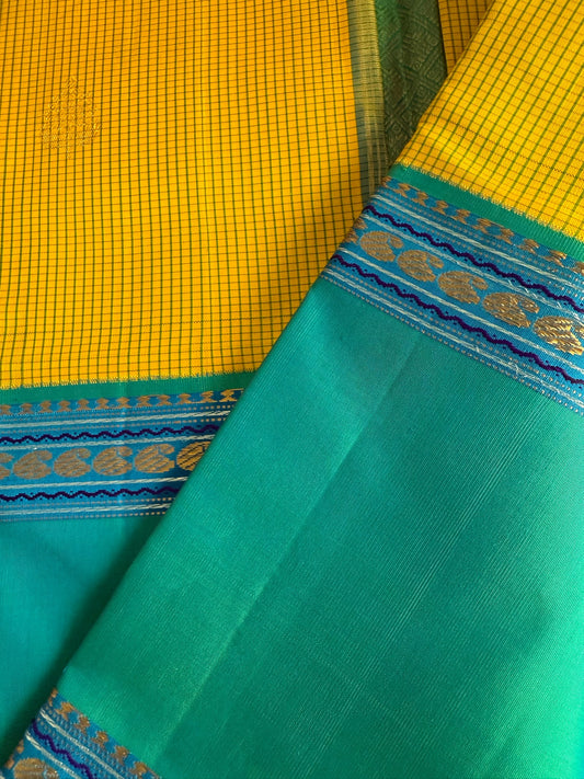 Bright yellow with Teal/dual shade ramar blue Korvai