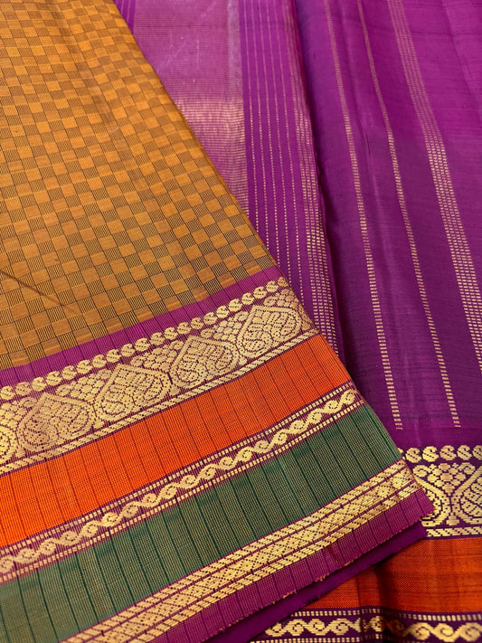 Brown and mustard with Purple orange green Korvai