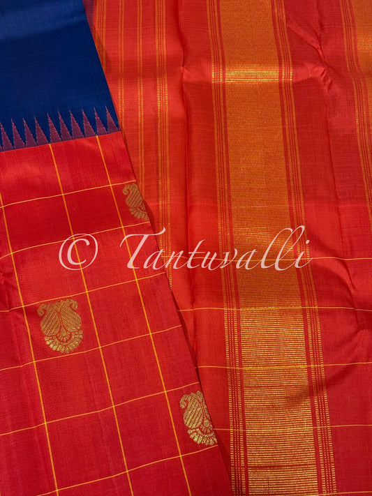 Deep Violet Blue with Orange Red Big Checks Half and Half