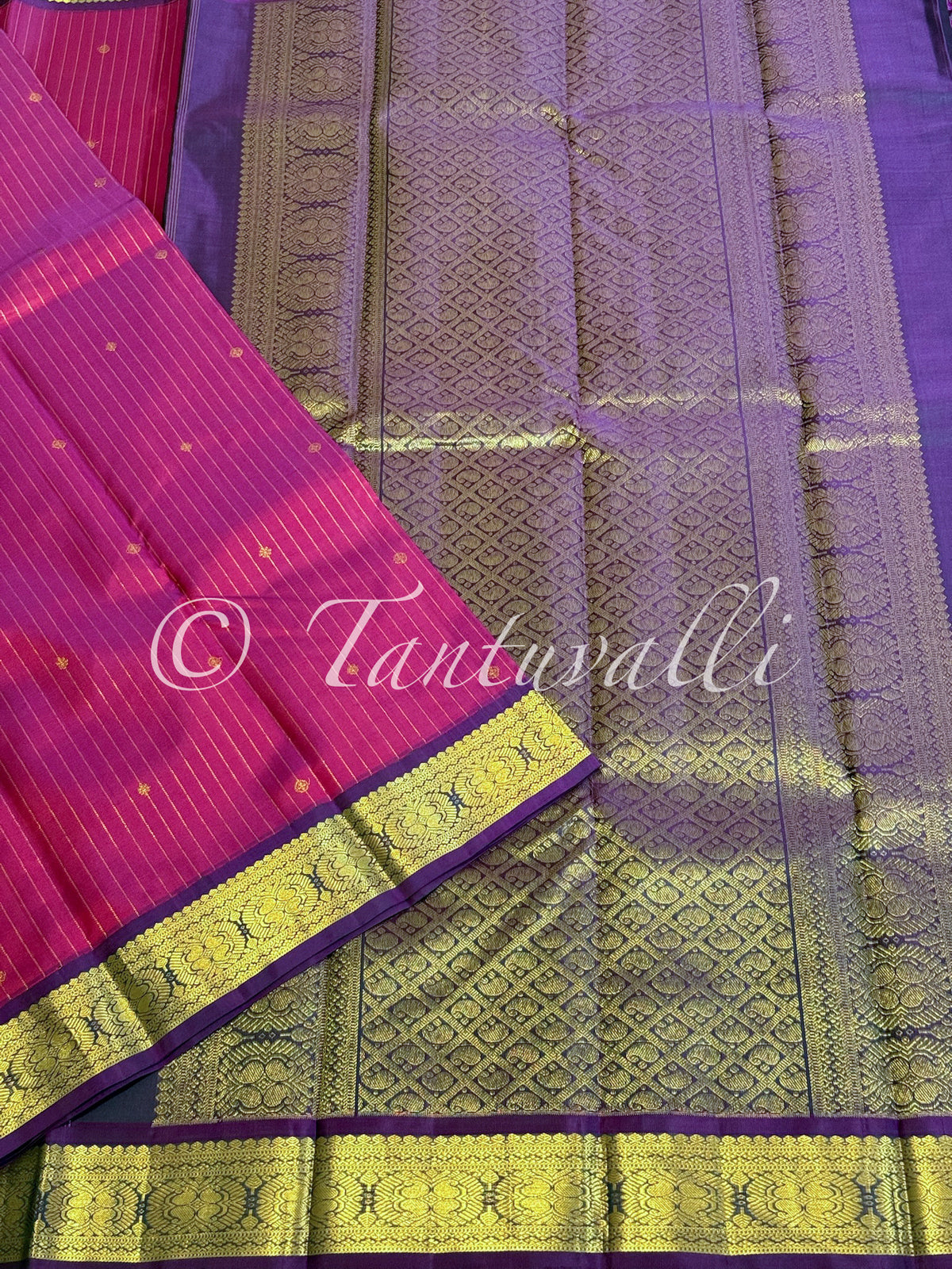 Dual tone Maroon with Vertical Zari Stripes and Dual Tone Violet Korvai Small Border