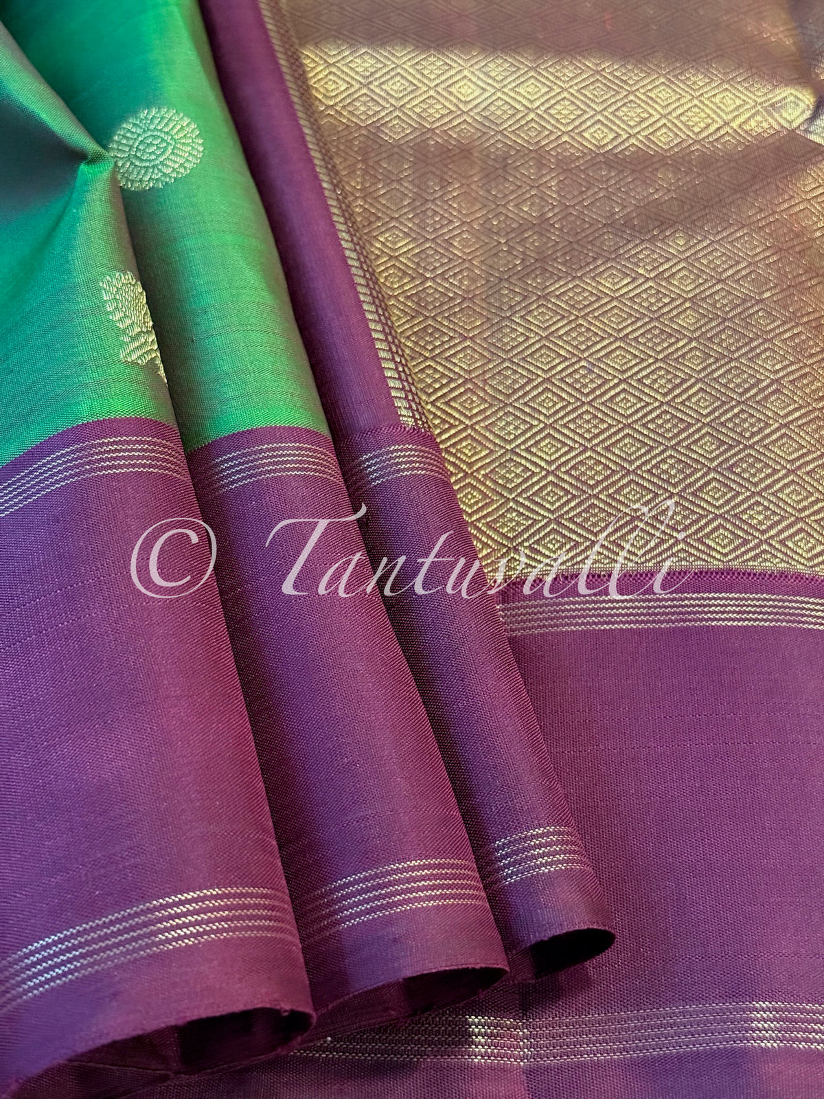 Dark Green Shot Maroon Pure Zari with Wine Bodi Korvai