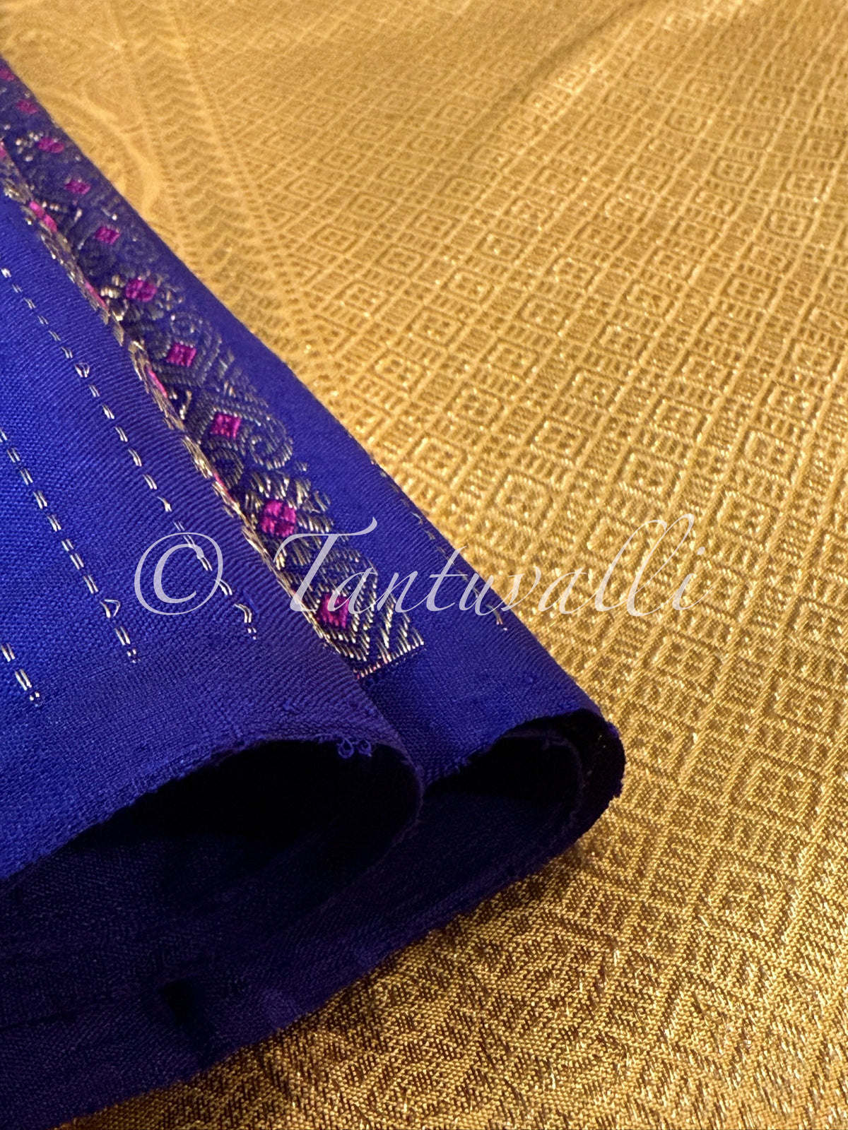 MS Blue Borderless Vertical Zari and Meenakari Motifs with Warm Yellow Pallu