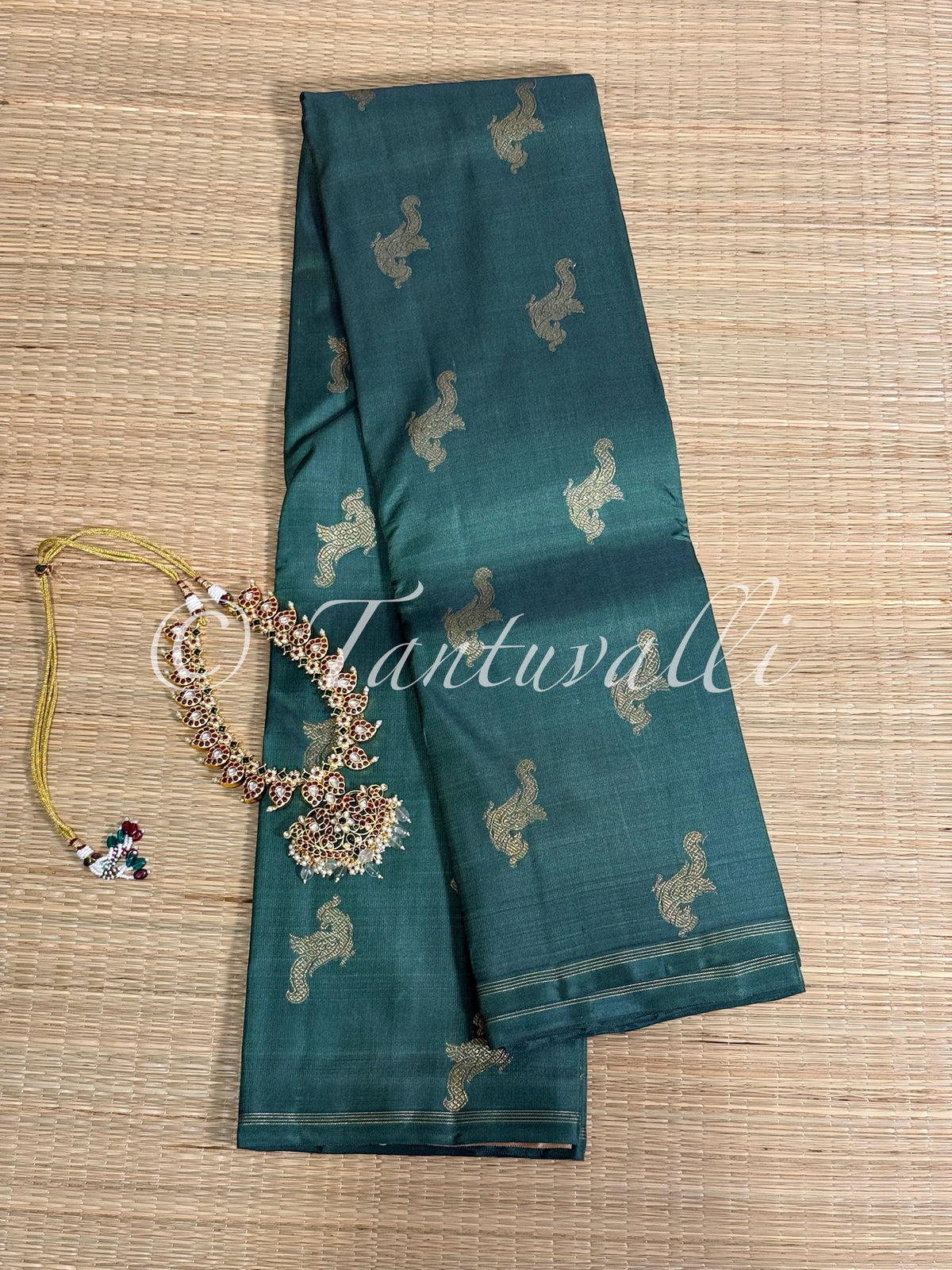 Deep Teal Green Kili Butta Pure Zari Borderless with Biscuit Pallu