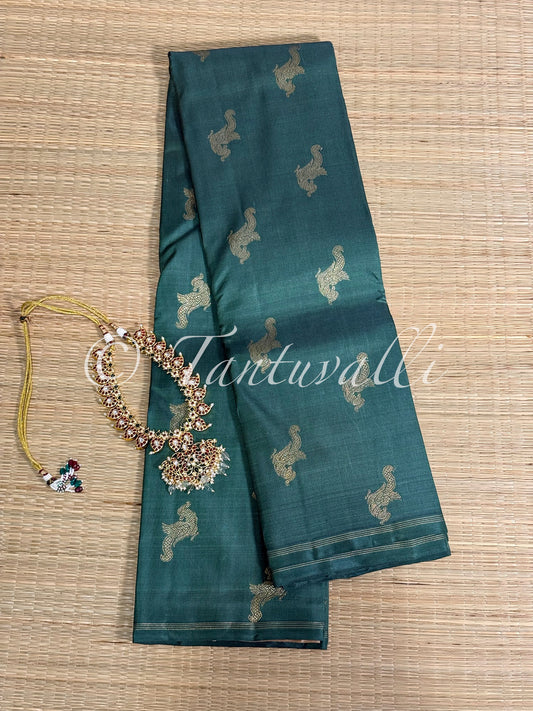 Deep Teal Green Kili Butta Pure Zari Borderless with Biscuit Pallu