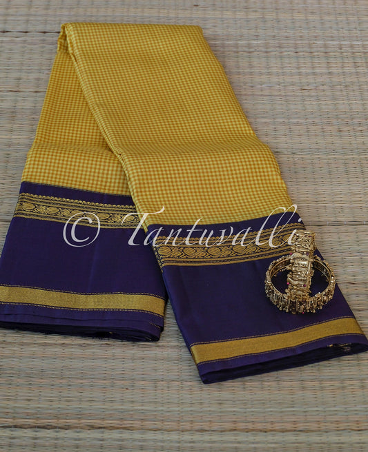 Yellow Micro Checks Navy Blue Rettaipet Korvai
