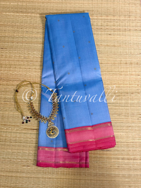 Periwinkle Blue Pure Zari with Baby Pink Contrast Small Border