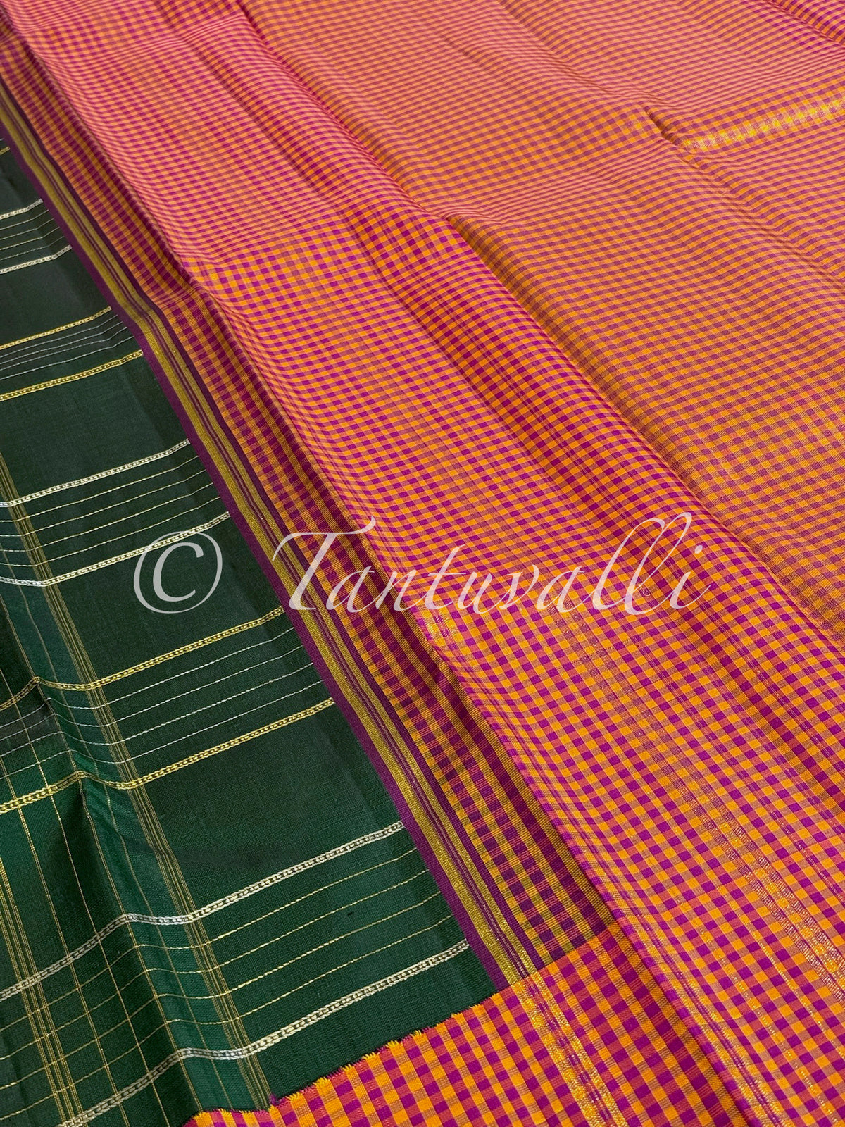 Bottle Green Zari Checks with Multi Checks Korvai Border and 8 Kol Pallu