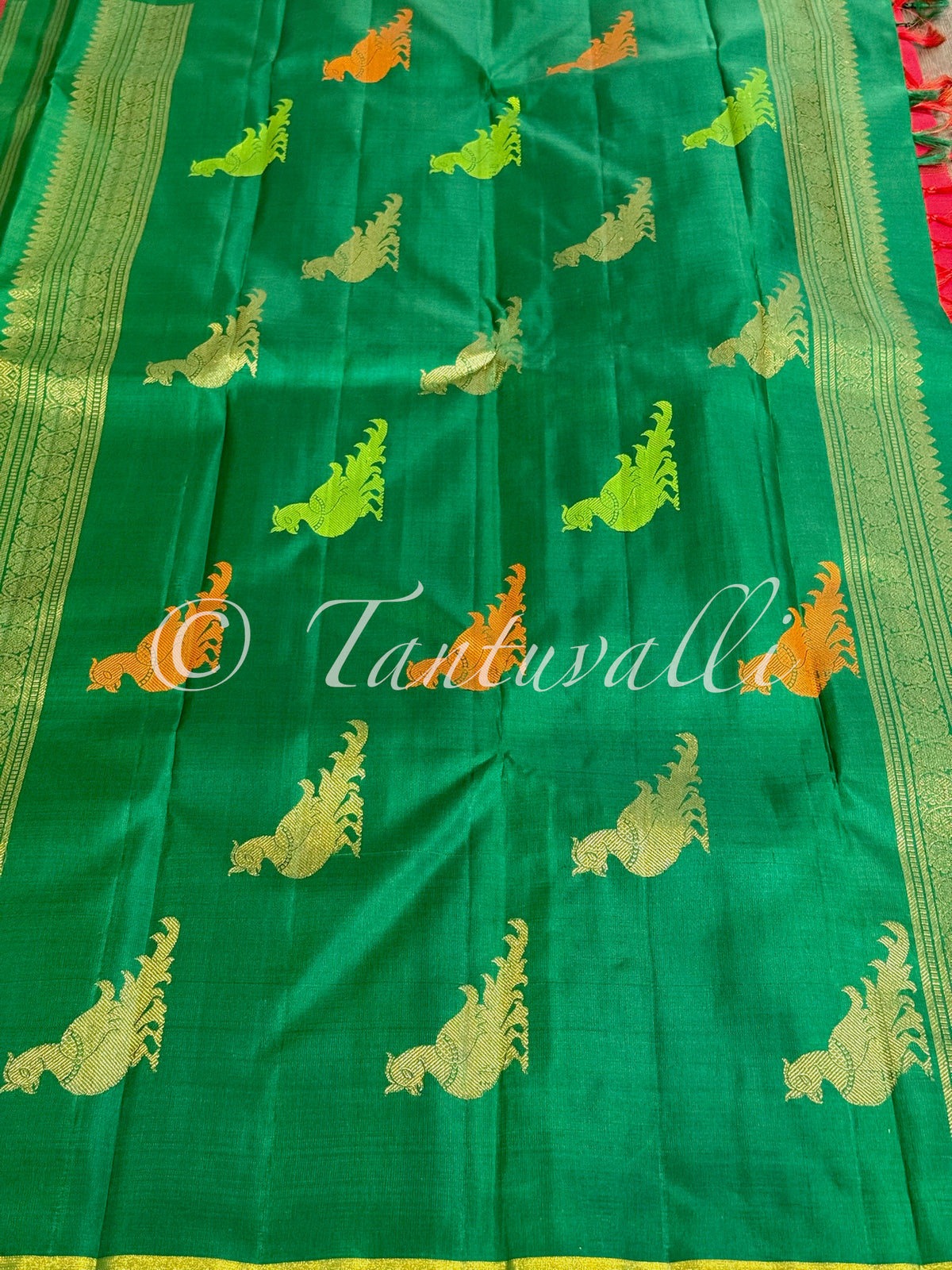 Chili Red Meenakari Zari Kili Buttas Pure Zari Borderless with Bright Green Pallu