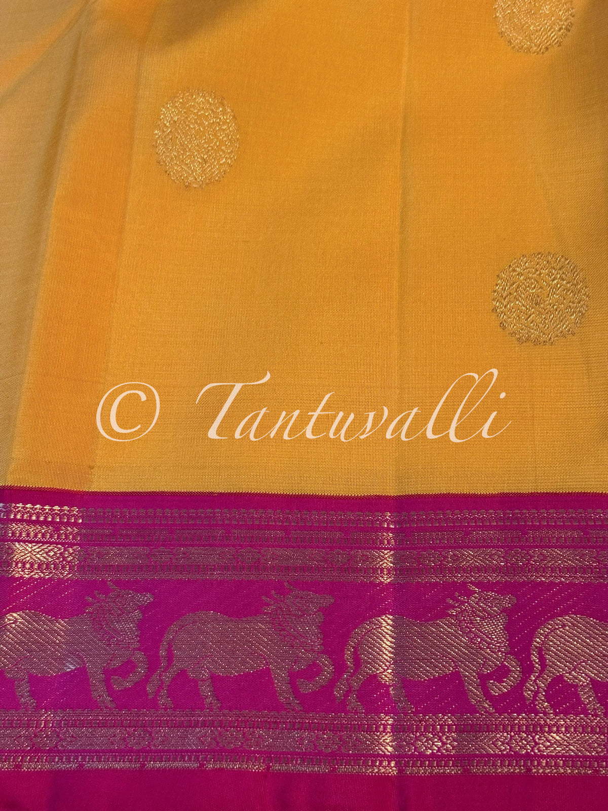 Mango Yellow with Pichwai Cow Motifs Rani Pink Small Border Korvai