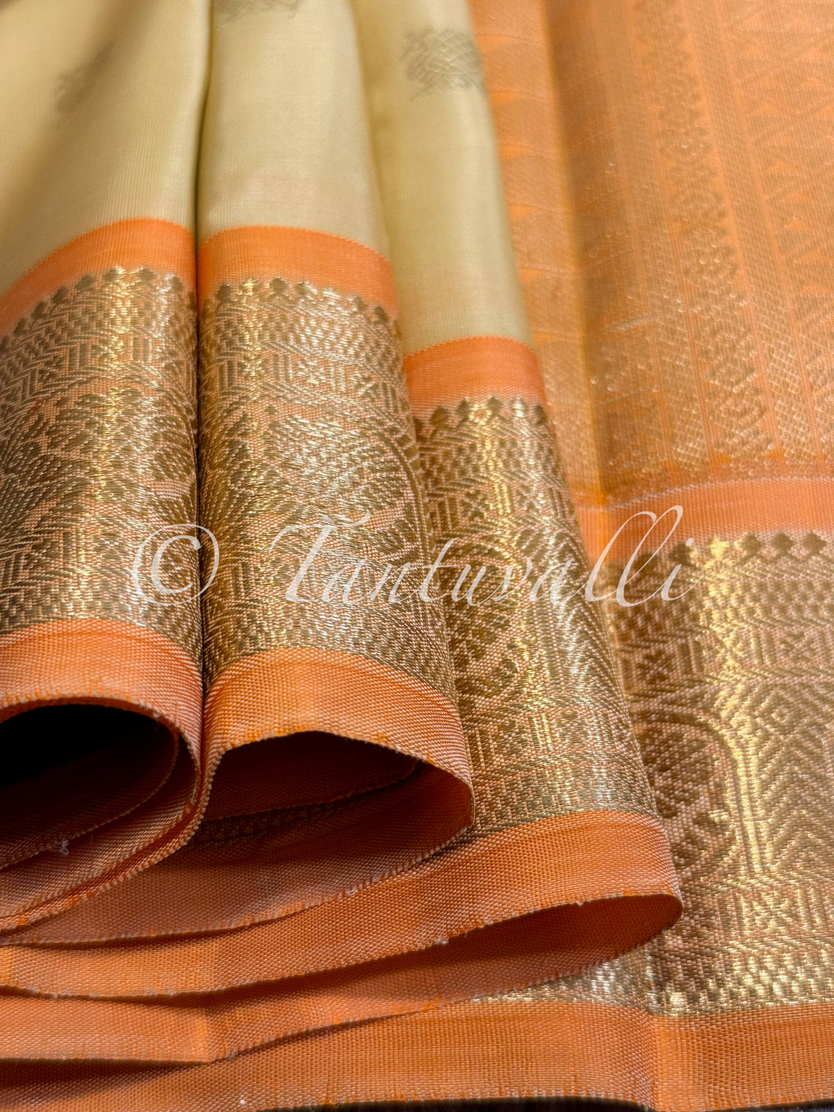 Kumaran Yellow with Light Carrot Orange Pure Zari Contrast Small Border