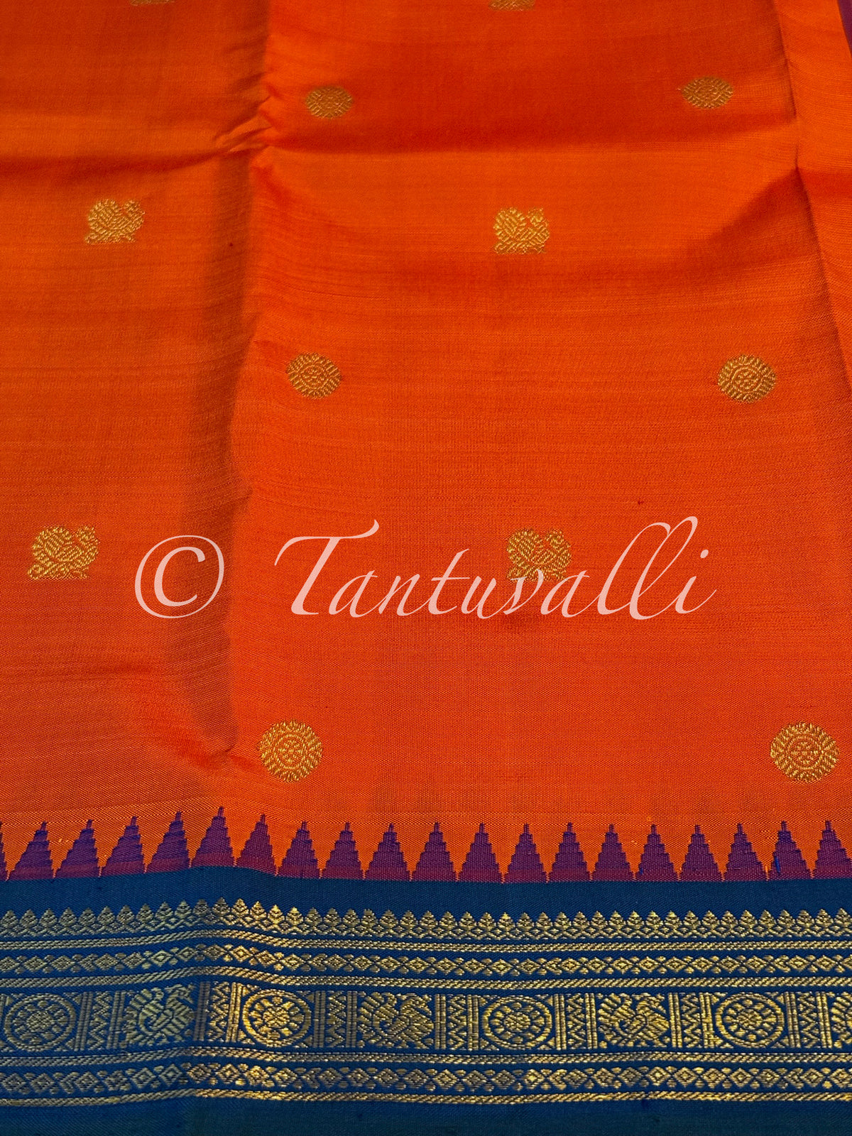 Dark Kanakambaram Orange Pure Zari with Mayil Kazhuthu Small Border Temple Peaks Kai Korvai
