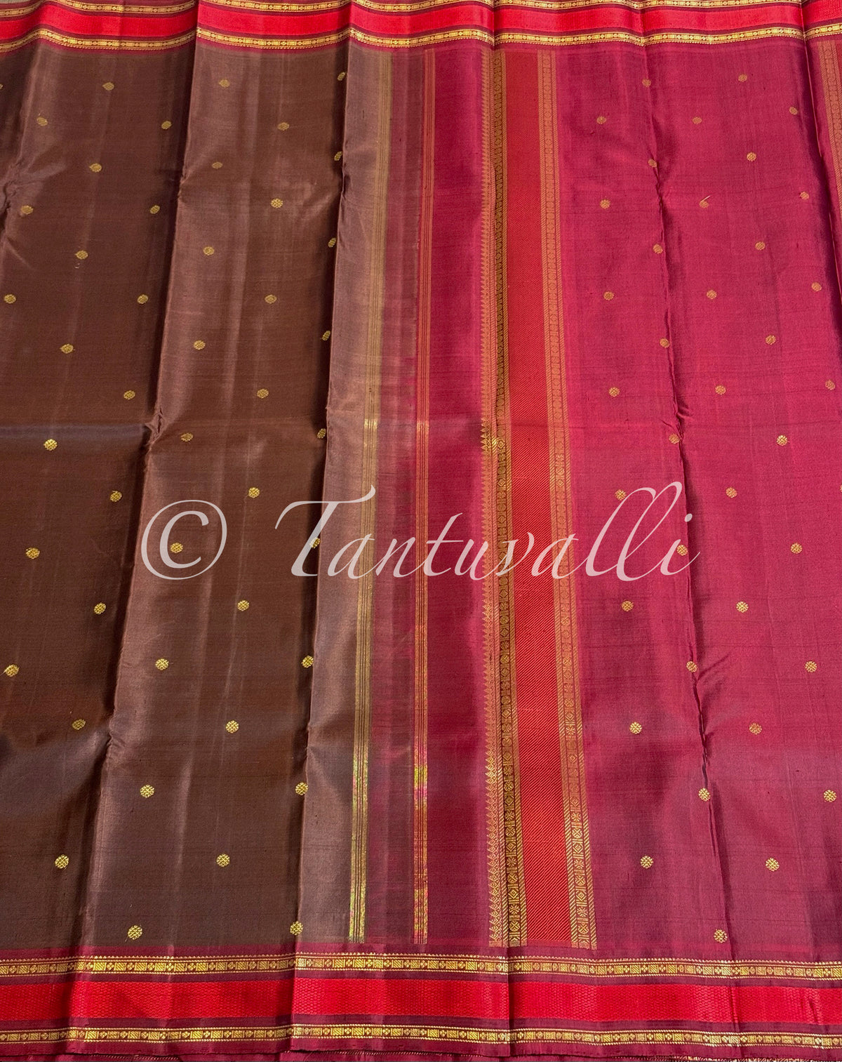 Chocolate Brown Pure Zari with Arakku Meenakari Contrast Small Border and Arakku Pallu