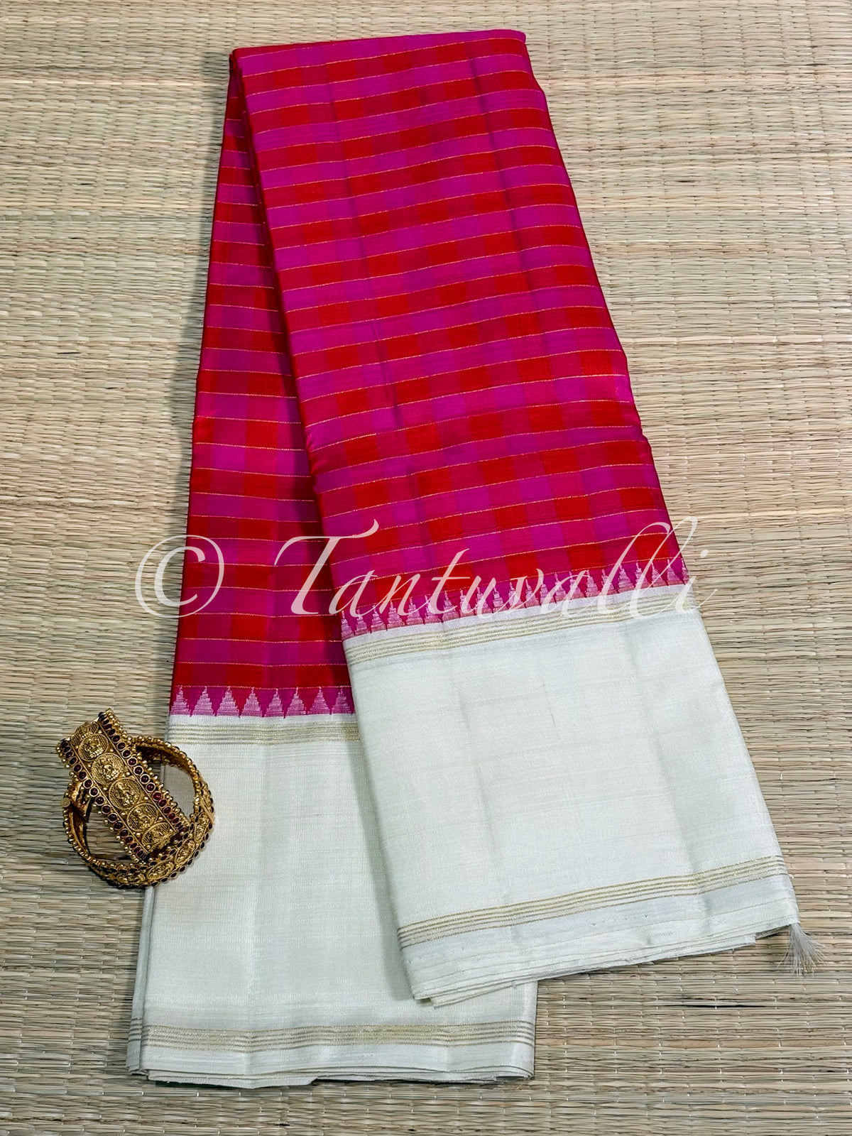 Pink and Red Multi Color Checks with Ivory Bodi Korvai