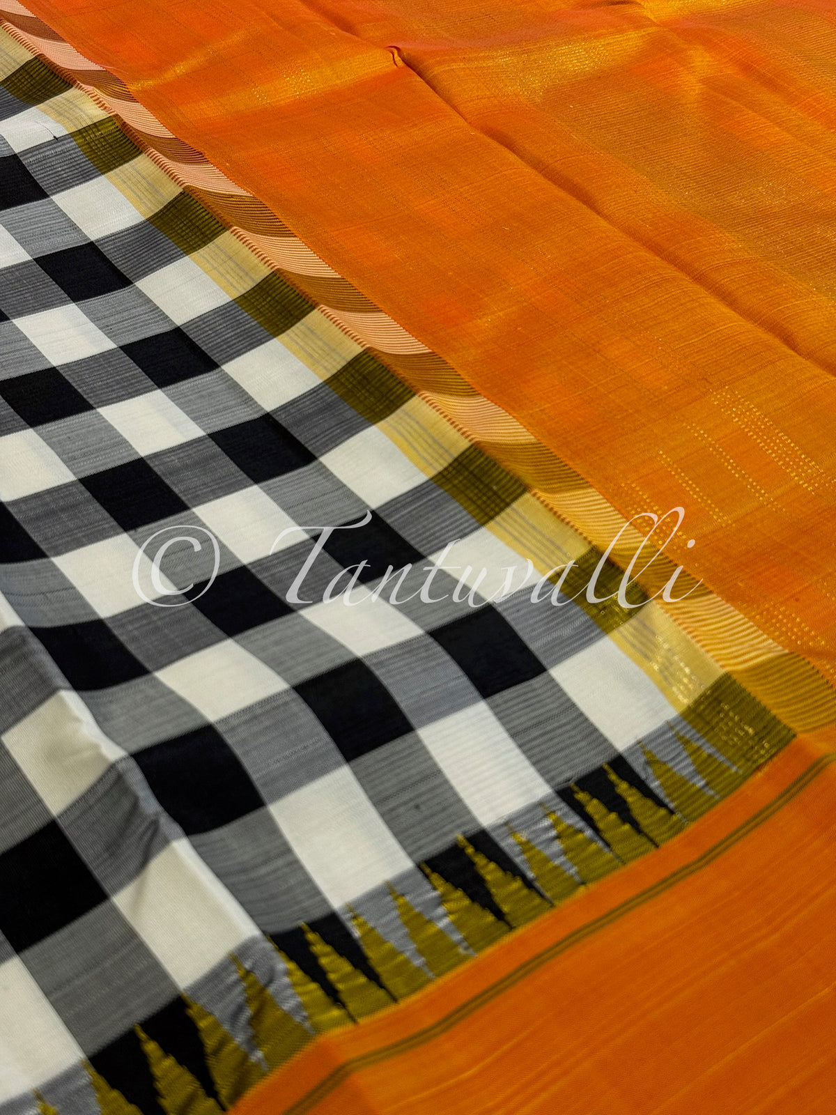 Black and White Paalum Pazhamum Chechks with Mustard Bodi Korvai