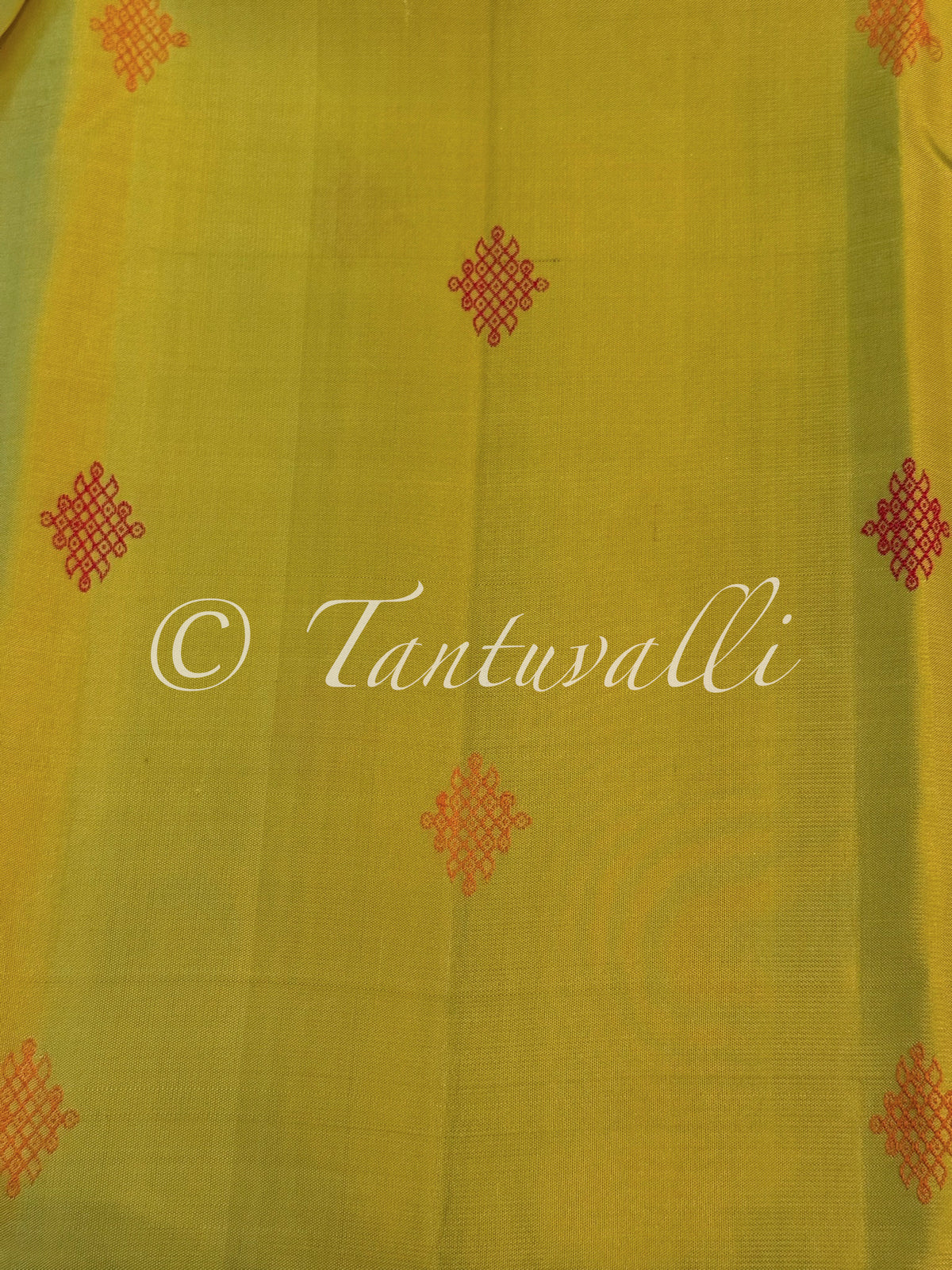 Bright Yellow Borderless with Kolam Buttas and Teal Green Pallu