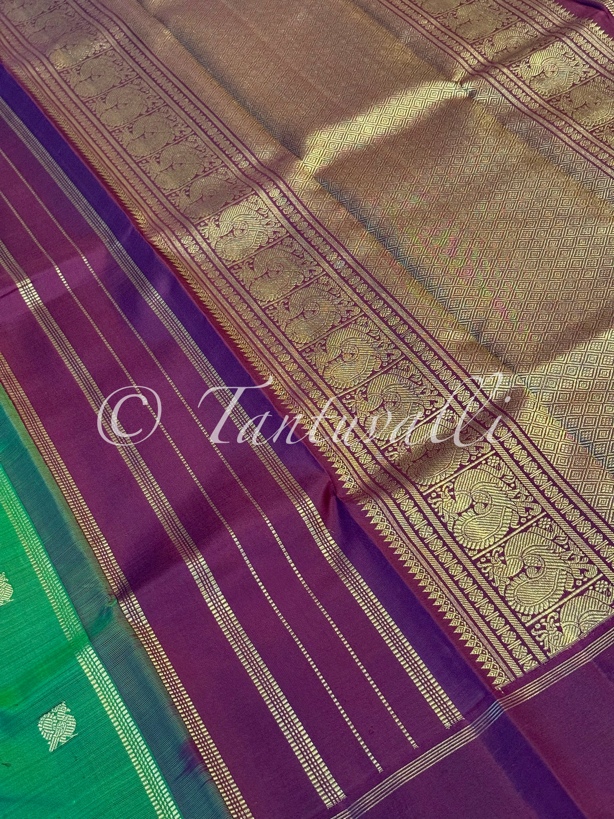 Dark Green Shot Maroon Pure Zari with Wine Bodi Korvai