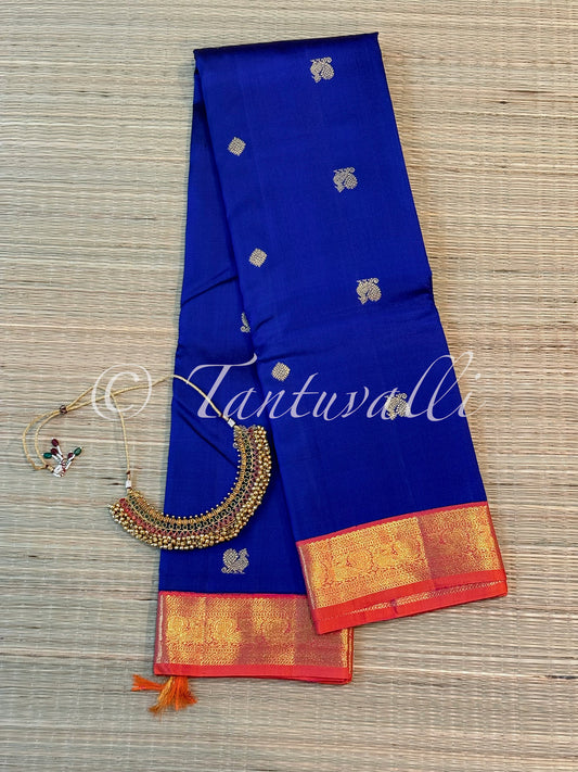 Dark MS Blue with Peach Orange Small Border Korvai