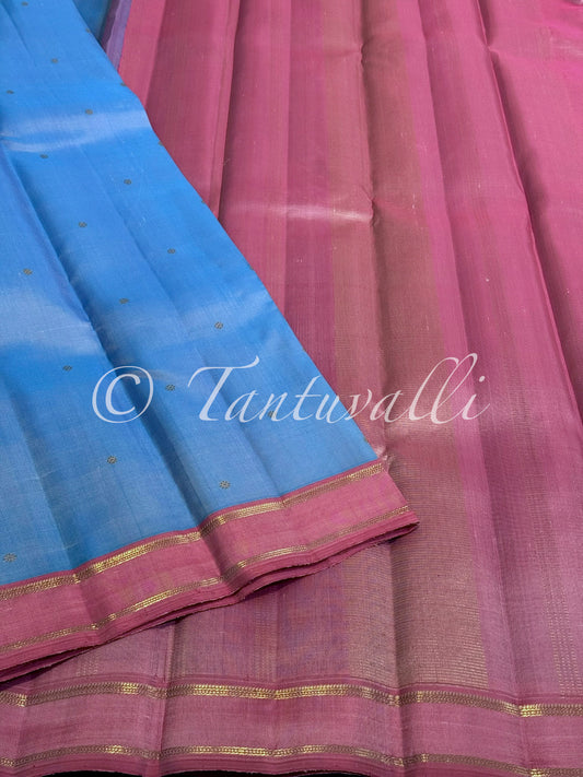Periwinkle Blue Pure Zari with Baby Pink Contrast Small Border