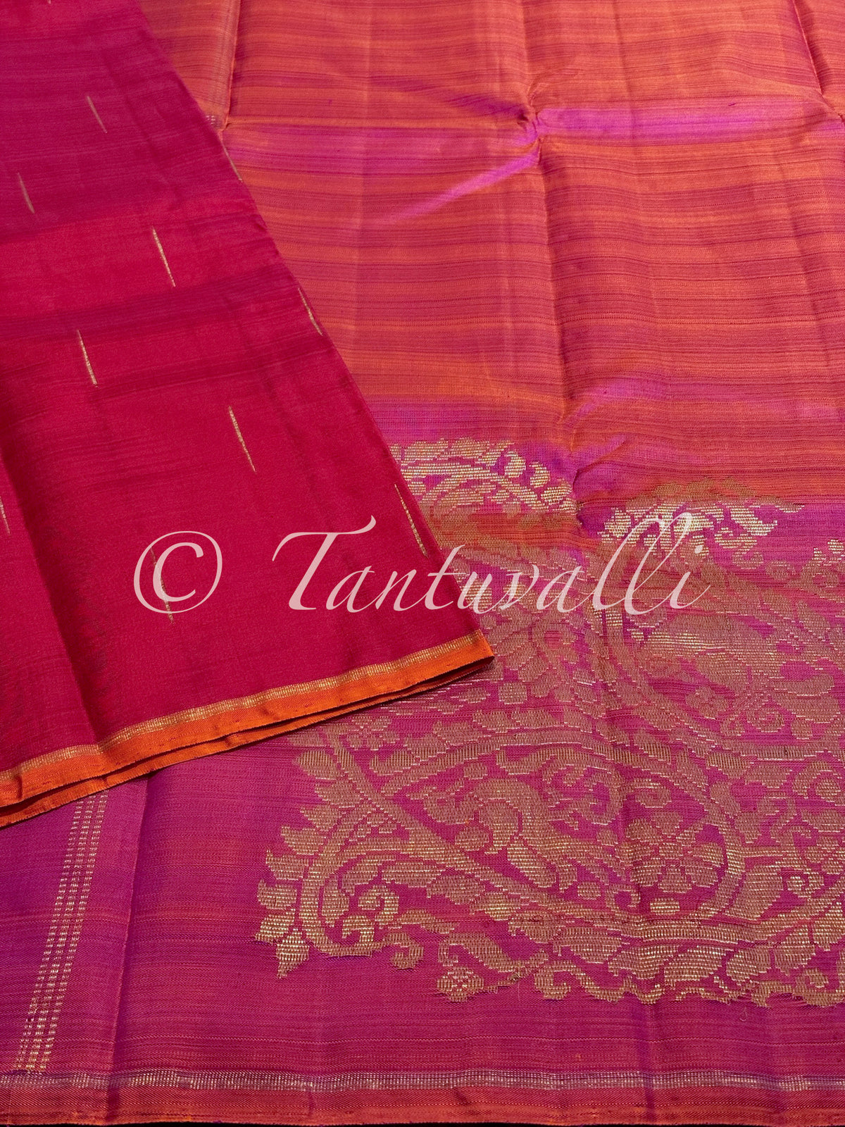 Red Malli Moggu Pure Zari Borderless with Pink Corner Butta Pallu