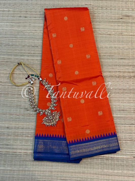 Dark Kanakambaram Orange Pure Zari with Mayil Kazhuthu Small Border Temple Peaks Kai Korvai