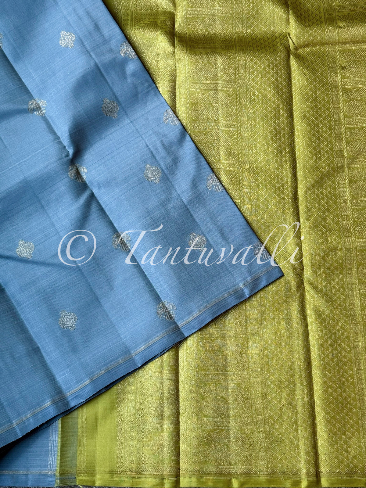 Metallic Blue and Lime Green Borderless Pure Zari