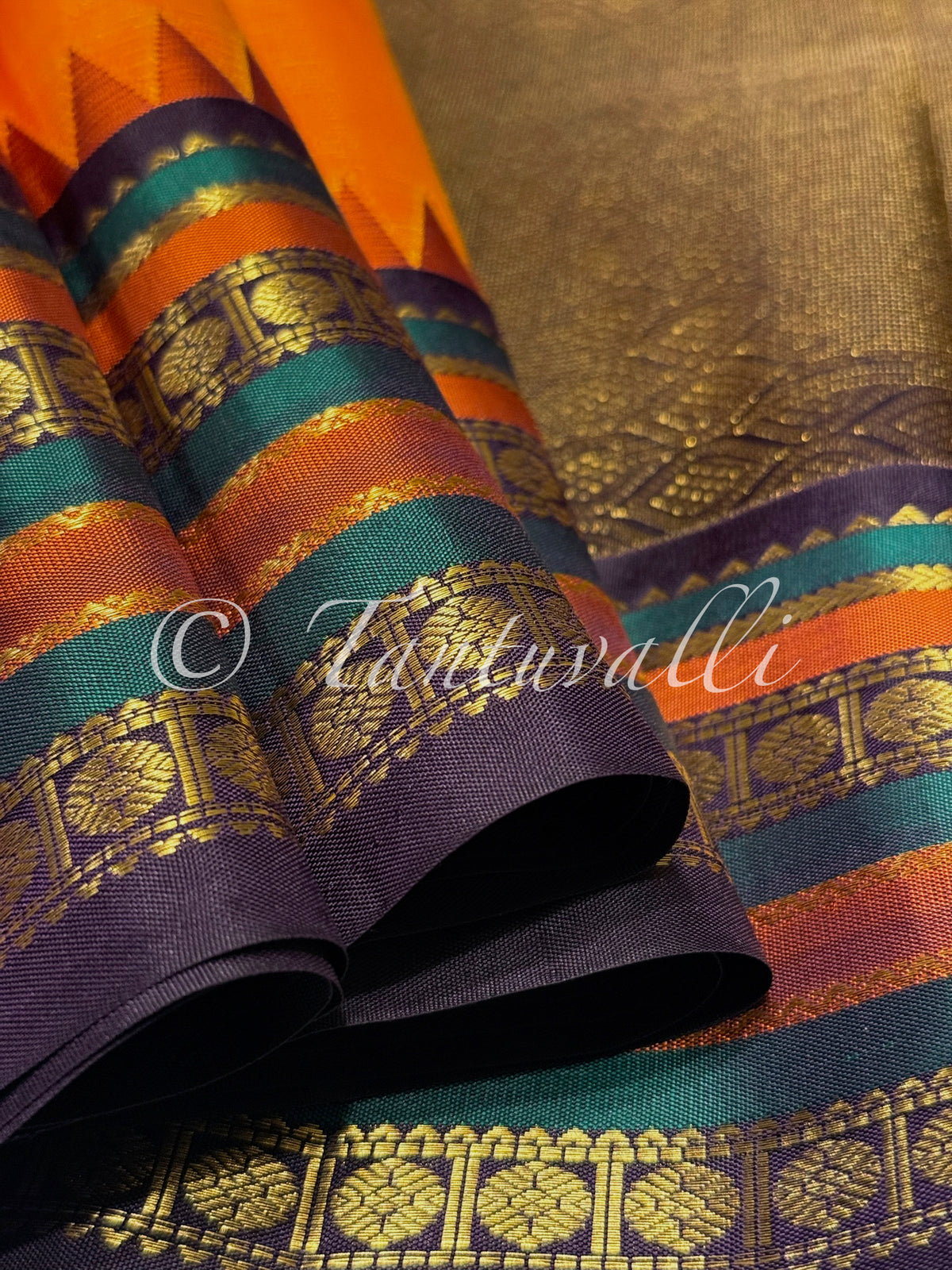 Mango Yellow and Paaku Brown Pallu with Varisaipet Temple Korvai
