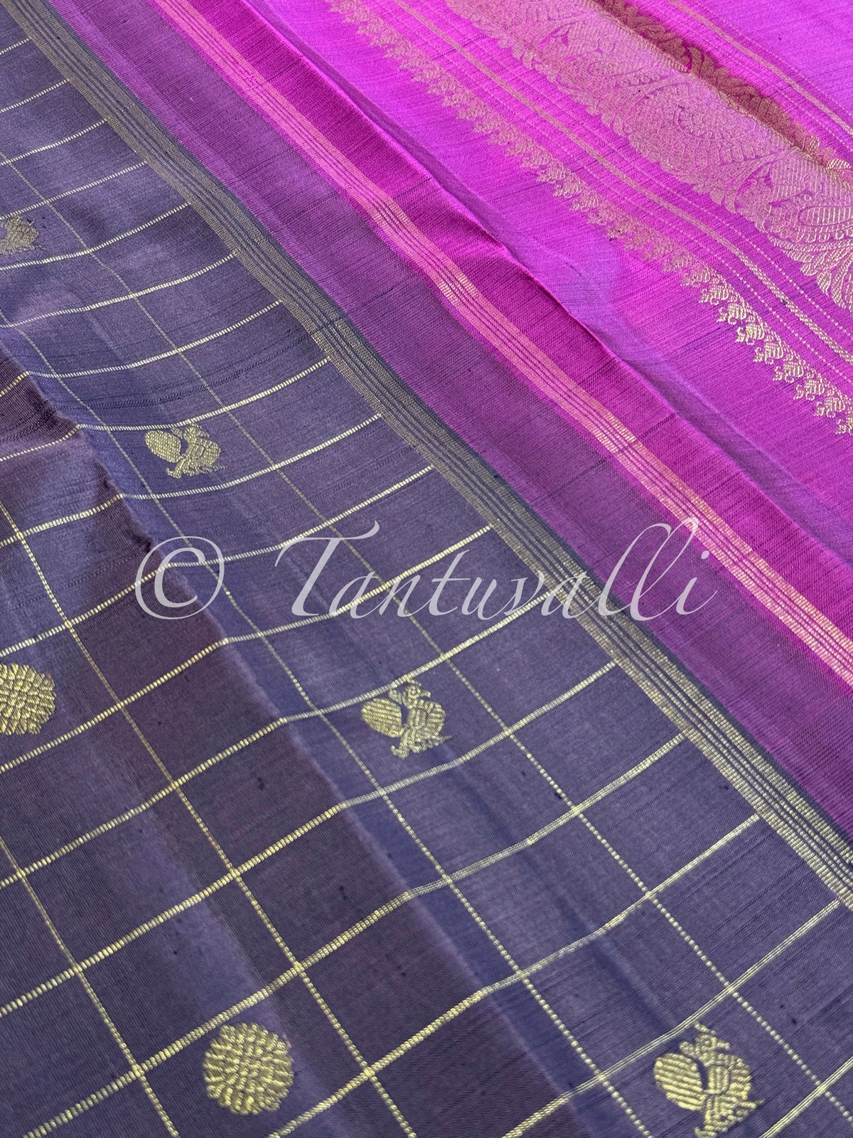 Brown shot Grey Zari Checks Borderless with Dark Pink Pallu Pure Zari
