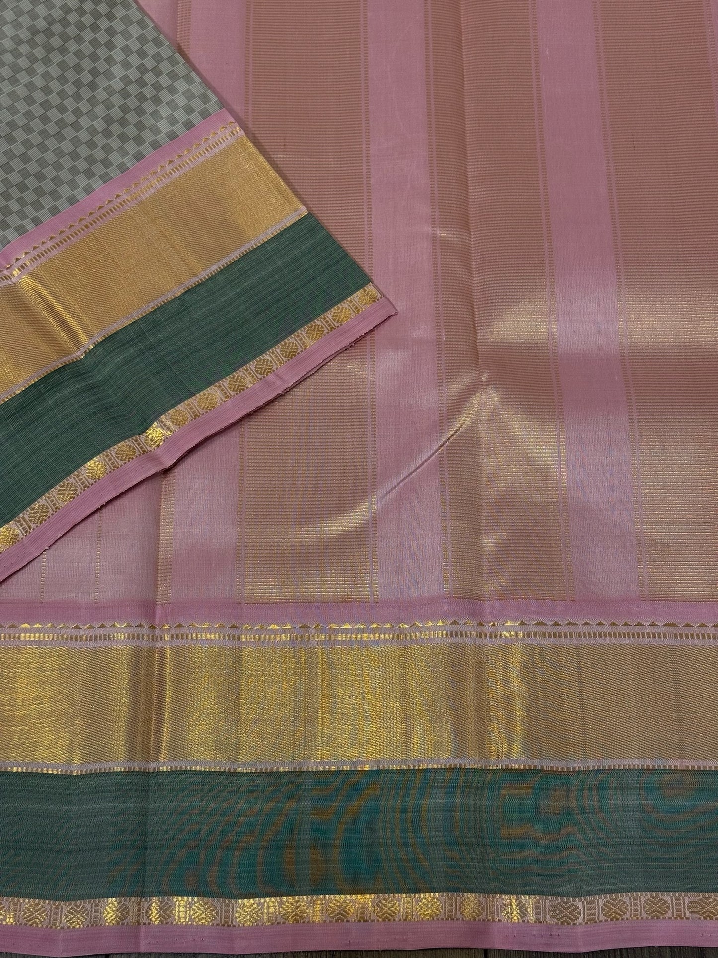 White and muted grey with Baby pink, pale green Korvai