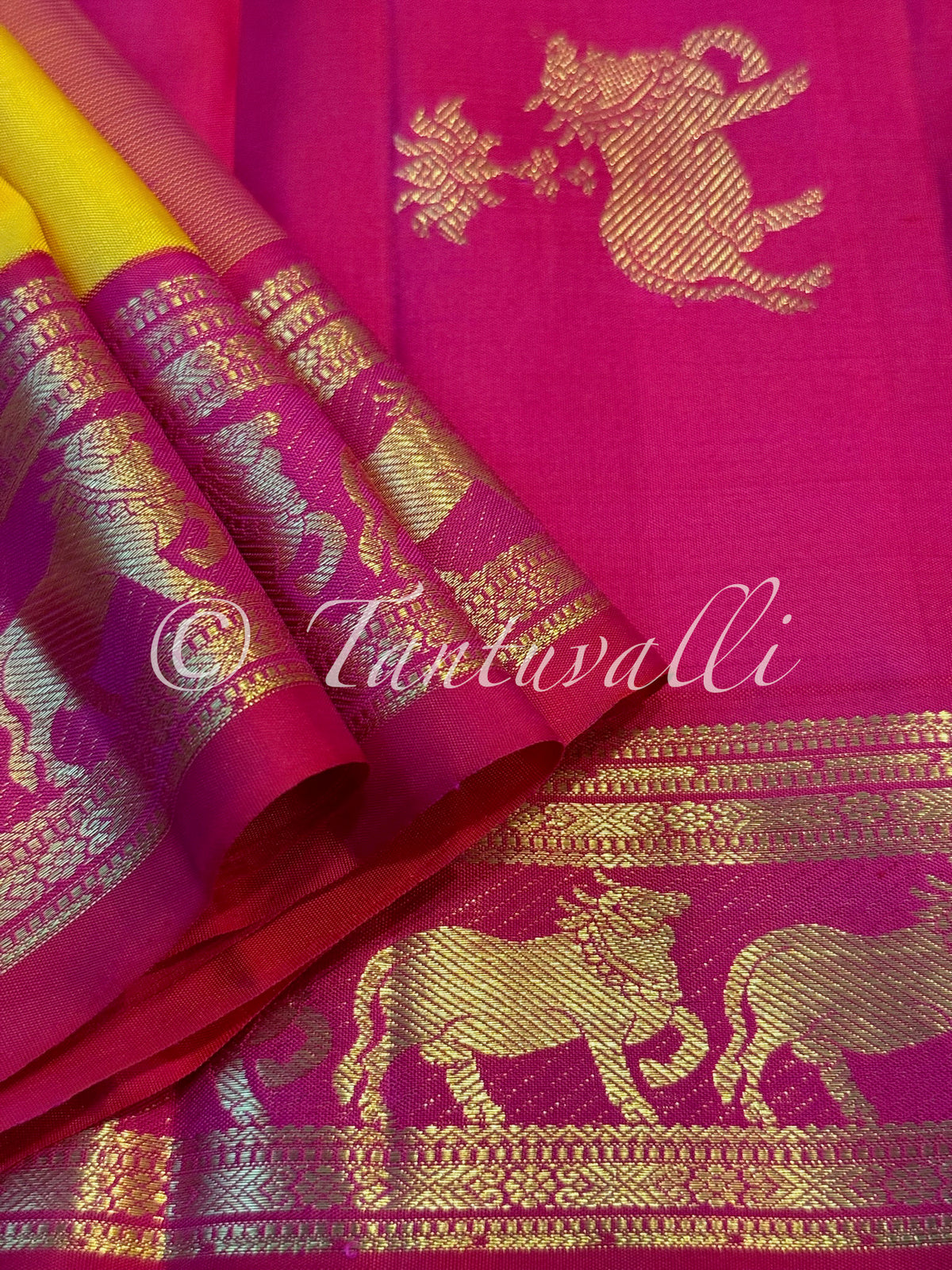 Mango Yellow with Pichwai Cow Motifs Rani Pink Small Border Korvai