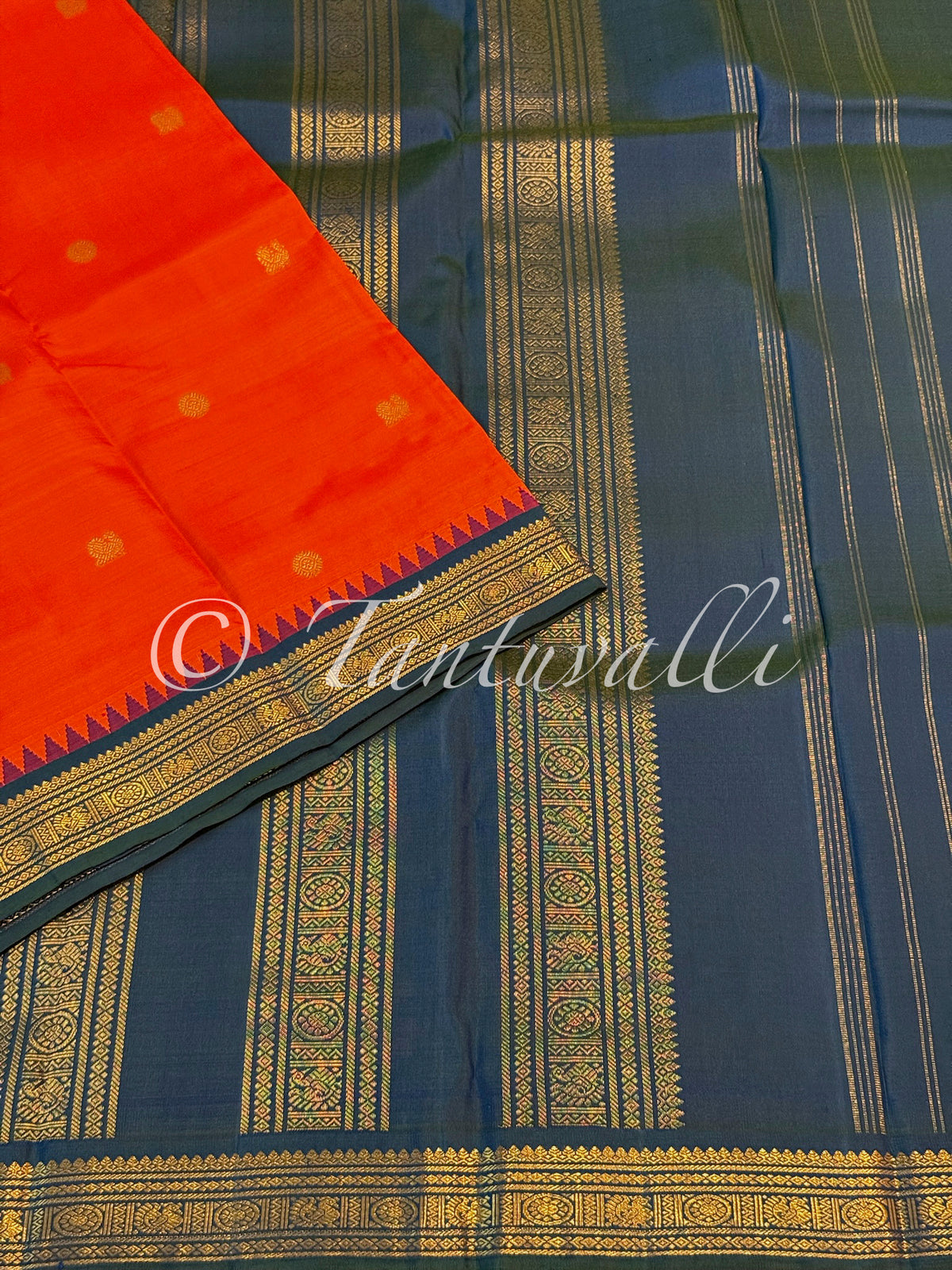 Dark Kanakambaram Orange Pure Zari with Mayil Kazhuthu Small Border Temple Peaks Kai Korvai