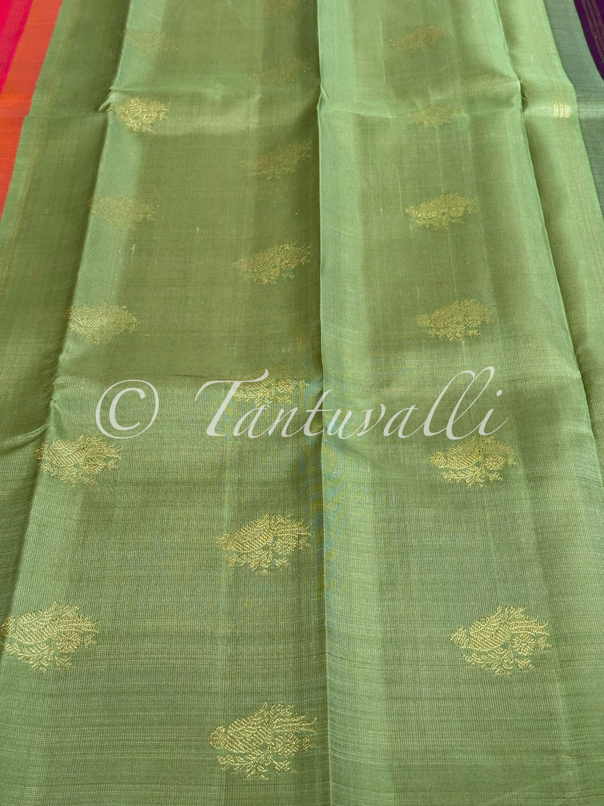 Dual Tone Pink Orange Butta Borderless Pure Zari with Double Pallu in Mint Green and Vaadaamalli