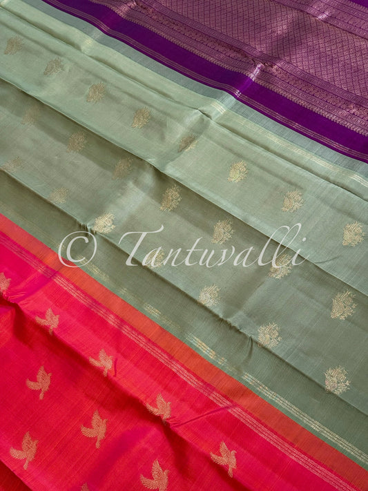 Dual Tone Pink Orange Butta Borderless Pure Zari with Double Pallu in Mint Green and Vaadaamalli