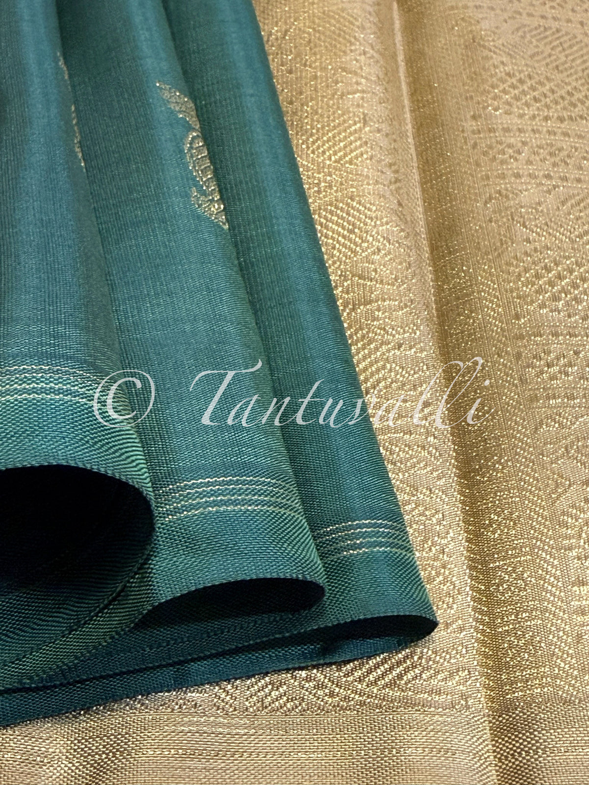 Deep Teal Green Kili Butta Pure Zari Borderless with Biscuit Pallu