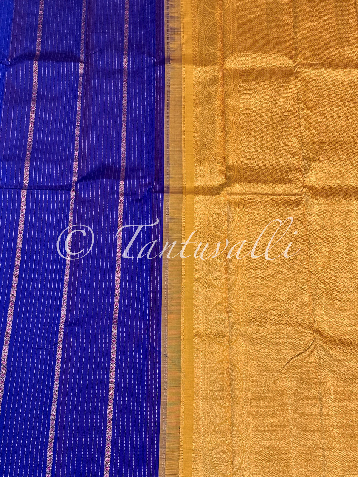 MS Blue Borderless Vertical Zari and Meenakari Motifs with Warm Yellow Pallu