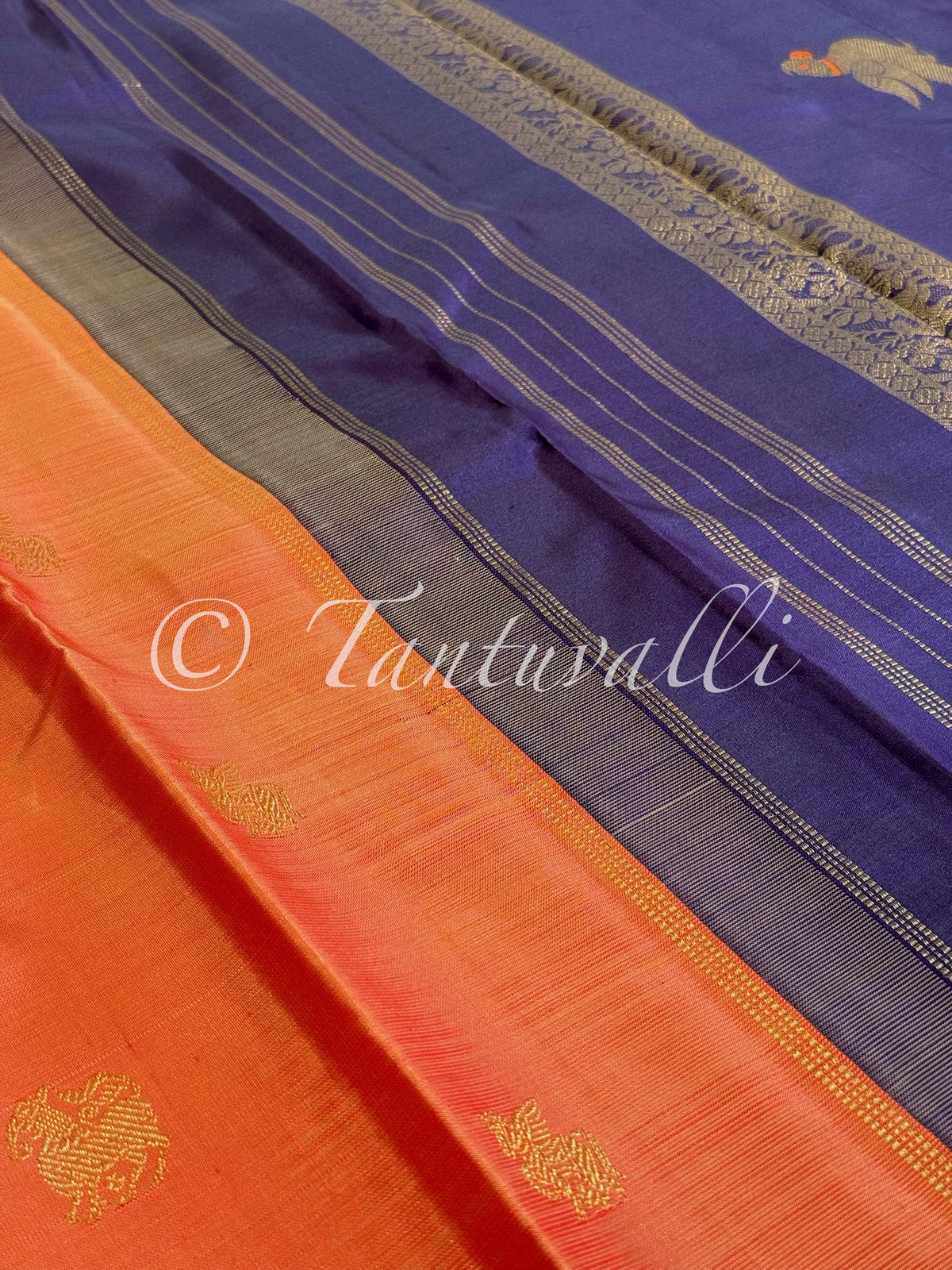 Peach Orange Butta Pure Zari Borderless with Deep Violet Blue Pallu