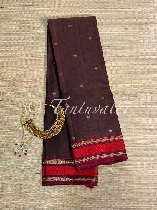 Chocolate Brown Pure Zari with Arakku Meenakari Contrast Small Border and Arakku Pallu