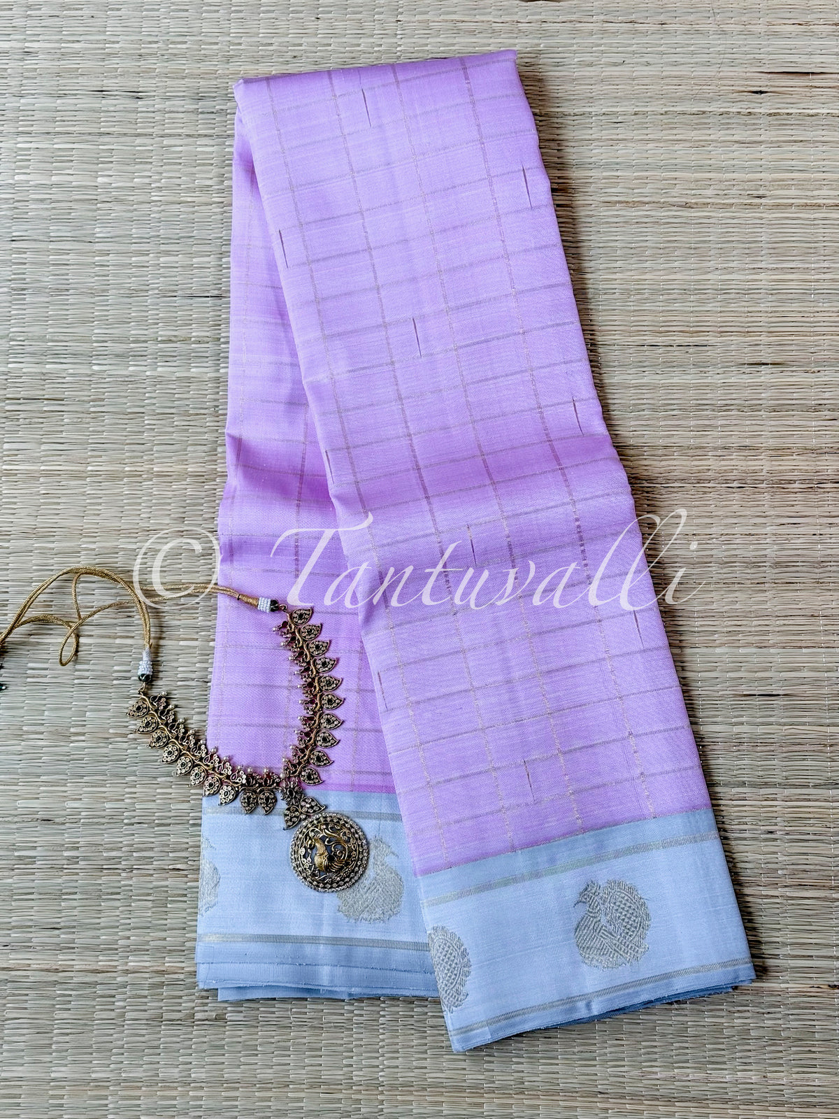 Light Pink with Zari Checks and Ice Grey Border