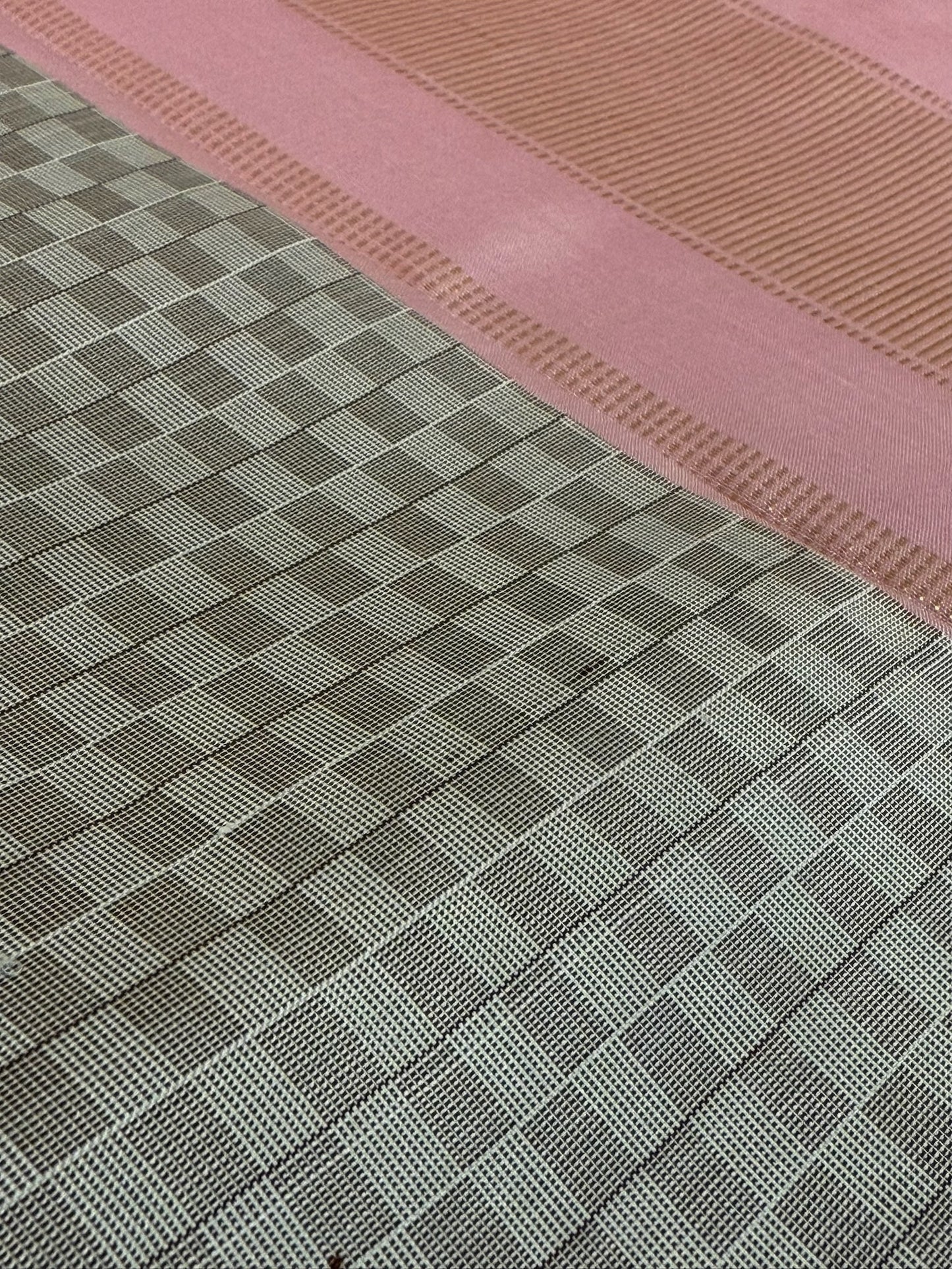 White and muted grey with Baby pink, pale green Korvai