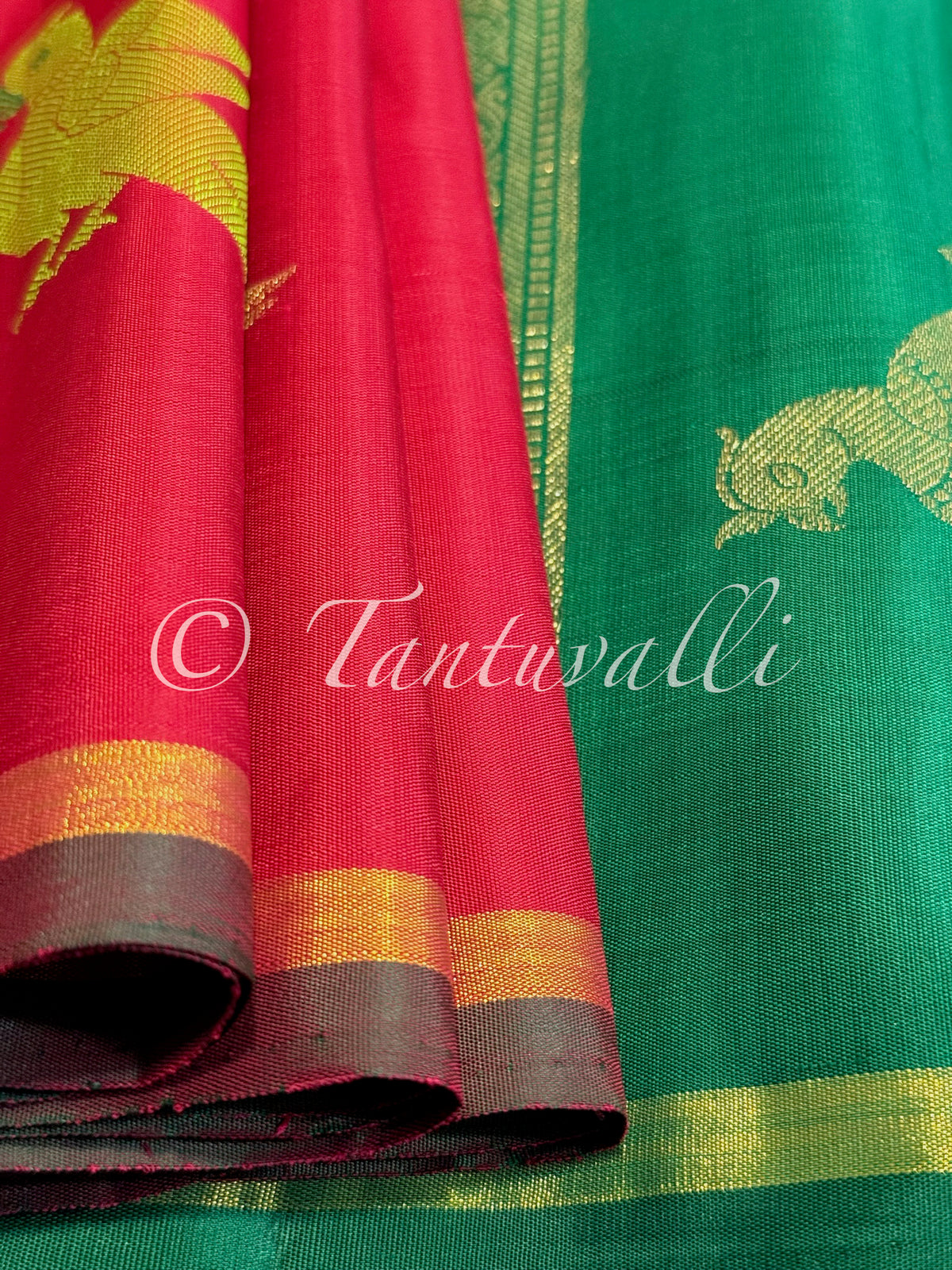 Chili Red Meenakari Zari Kili Buttas Pure Zari Borderless with Bright Green Pallu