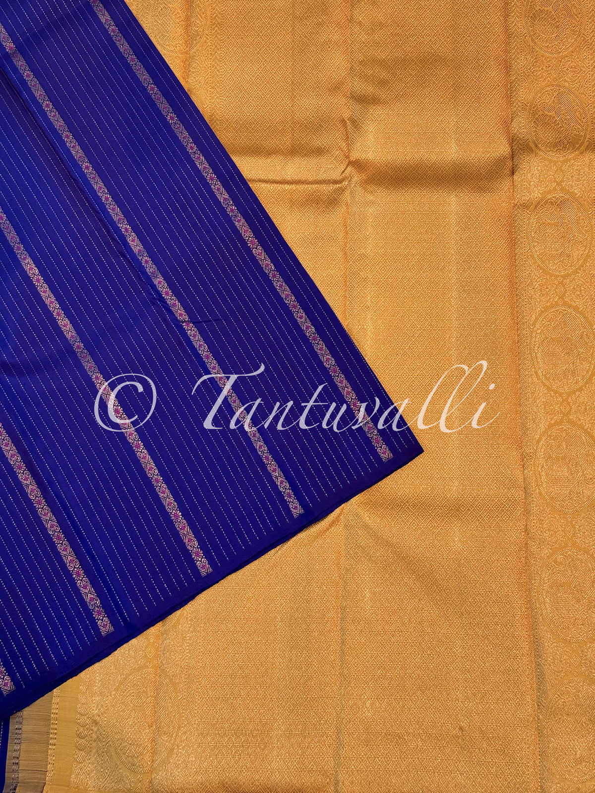 MS Blue Borderless Vertical Zari and Meenakari Motifs with Warm Yellow Pallu
