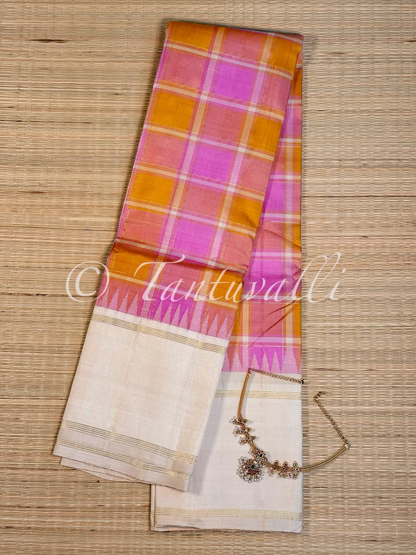 Casatta Pink and Orange Checks with Ivory korvai