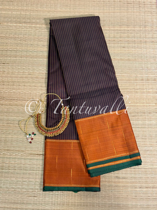 Dark Paaku Zari Stripes With Dark Oil Mustard Contrast Border